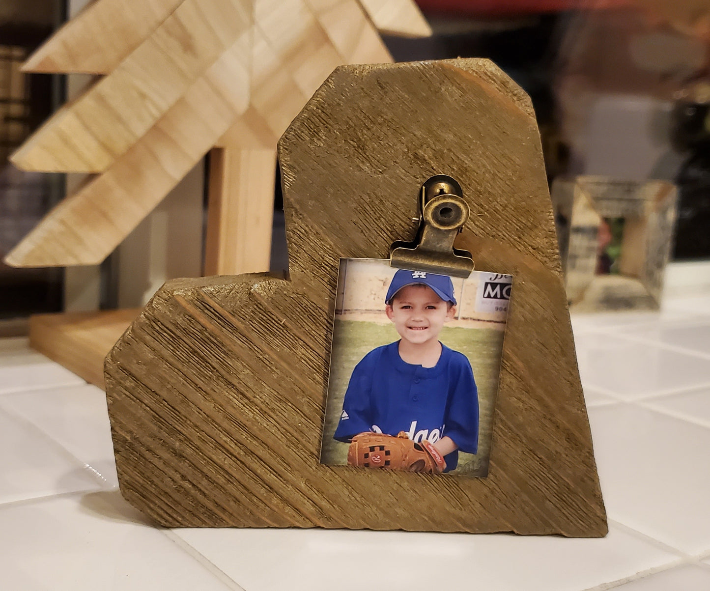 Handmade Heart Clip Frame - 4 1/2" Gold Hued Cedar Heart Frame